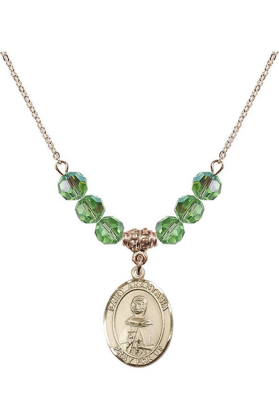 18-Inch Hamilton Gold Plated Necklace with 6mm Green August Birth Month Stone Beads and Saint Anastasia Charm