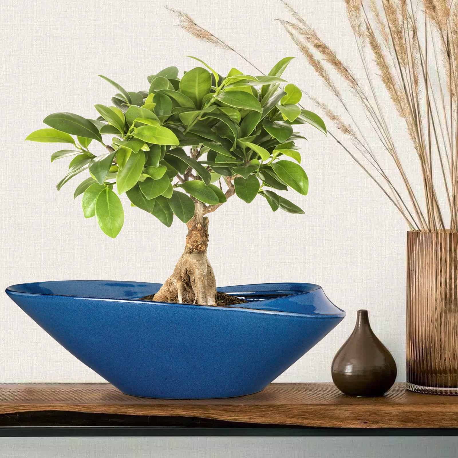 EPFamily 18 Inch Shallow Blue Ceramic Bonsai Planter with Drainage Hole – Extra Large Succulent Bowl Pot for Outdoor Plants, Patio, Garden