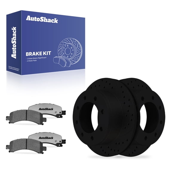 AutoShack Rear Vented Drilled & Slotted E-Coated Brake Rotors Black Finish   Ceramic Pads 6-PC Brake Kit Replacement for 2003-2005 Chevrolet Express 1500 NightGuard 12.99" (330 mm)