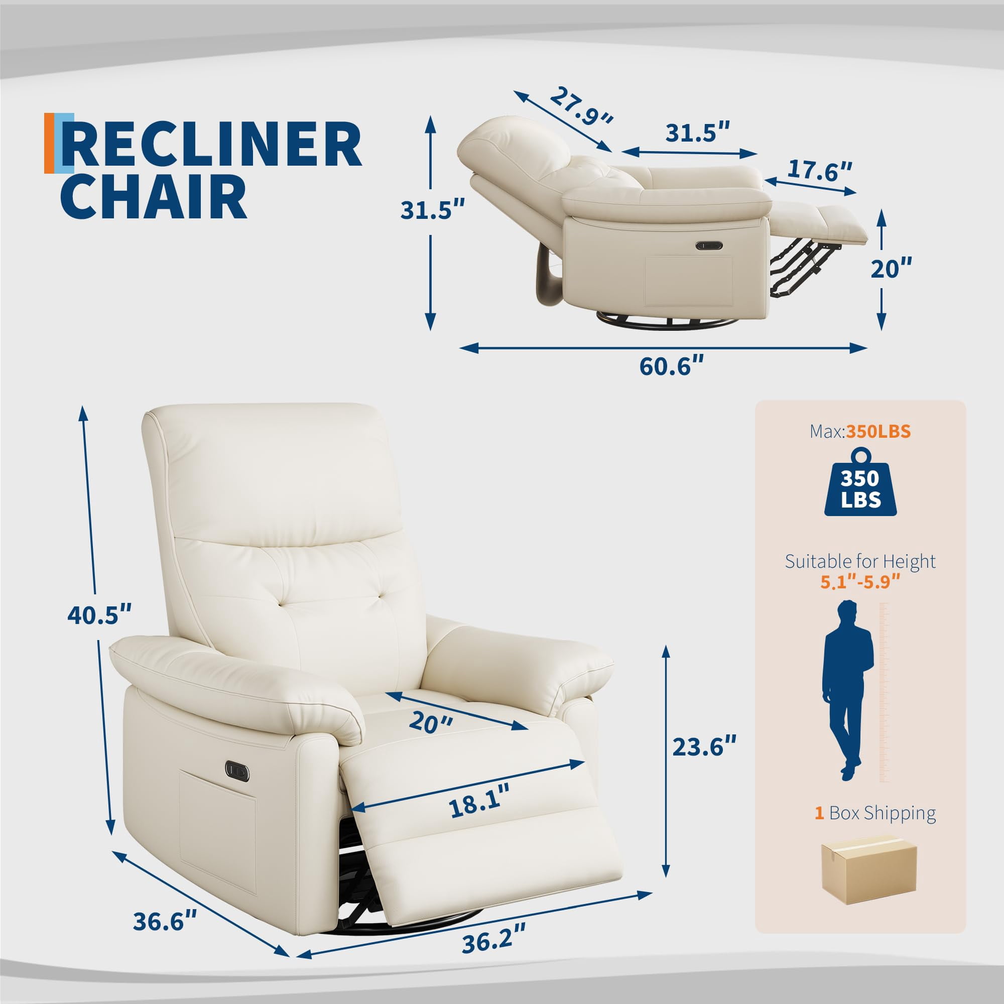 Ataucjin Power Recliner Rocking Chair Nursery Gliders with USB Ports,PU Leather Swivel Rocker Recliner,Upholstered Nursery Glider Reclining Sofa Chair,Ergonomic Lounge for Living Room Bedroom