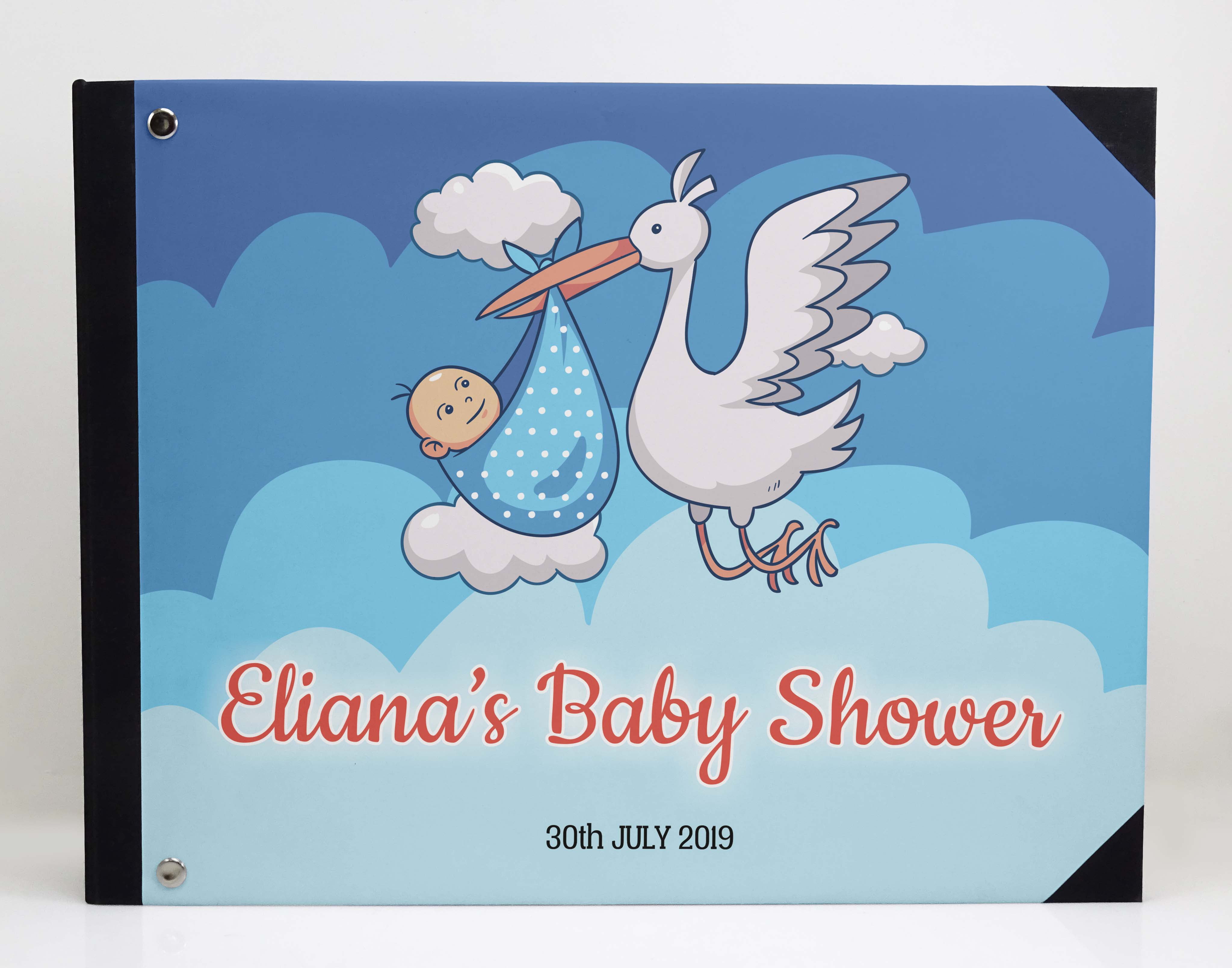Darling Souvenir Blue Stork & Baby&nbsp; Hardbound Cover Personalized Printed Baby Shower&nbsp;Guestbook&nbsp;Scrap&nbsp;book-9 x 12 Inches