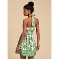 thumbnail image 2 of Green Tropical Plant Print Halter Neck Short Dress For Women, Casual Summer Boho Vacation Outfit, 2 of 6