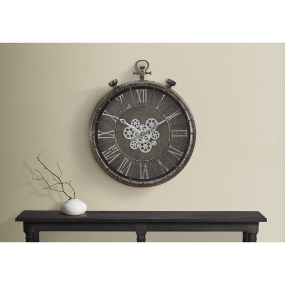 Clocks, 24" Round, Gear Mechanism, Wall Clock, Grey, Transitional