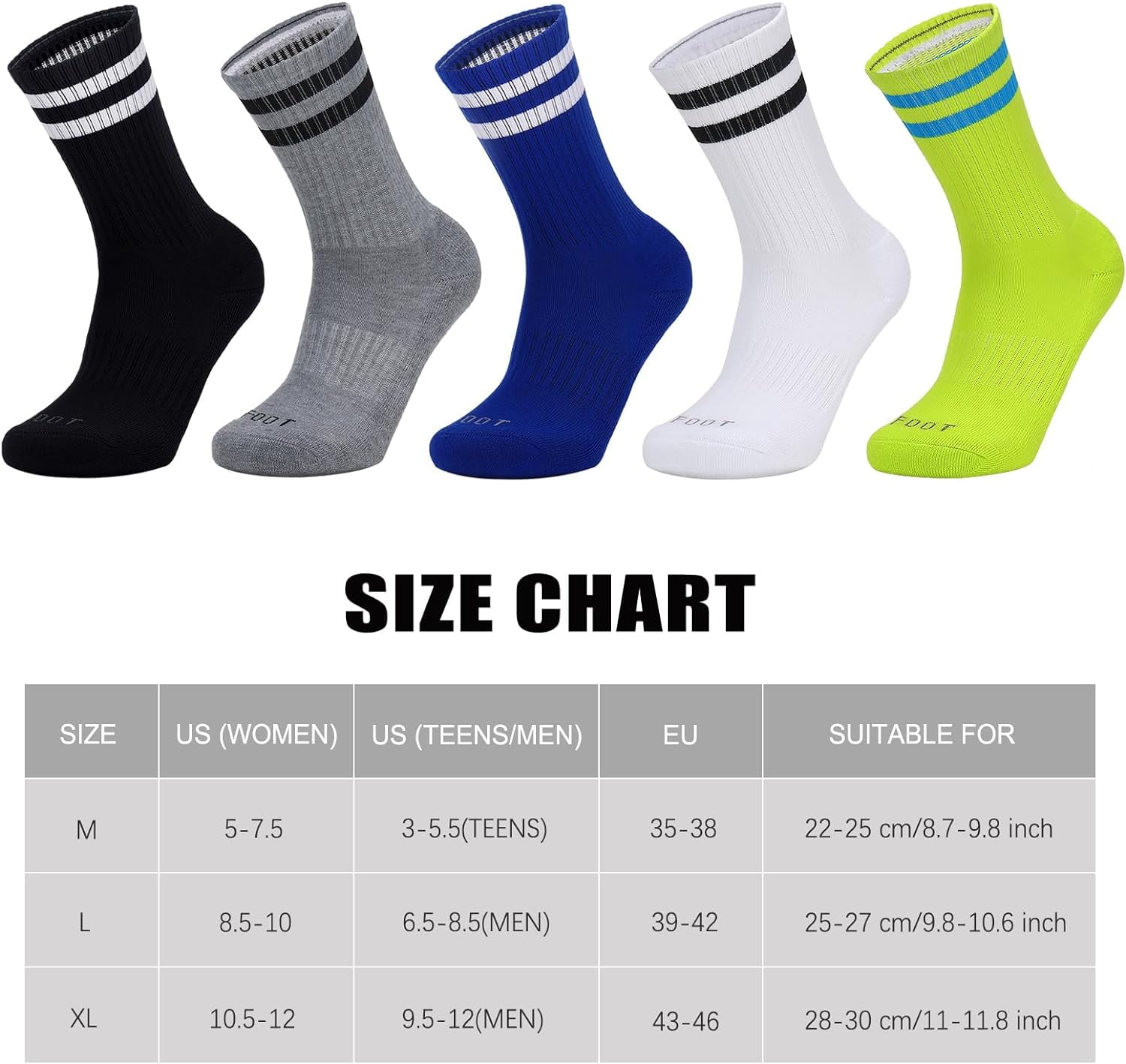 Ultrafun 5 Pairs Striped Crew Socks Cotton Cushioned Athletic Sports Running Socks for Men Women Teens (Large, 5 Color)
