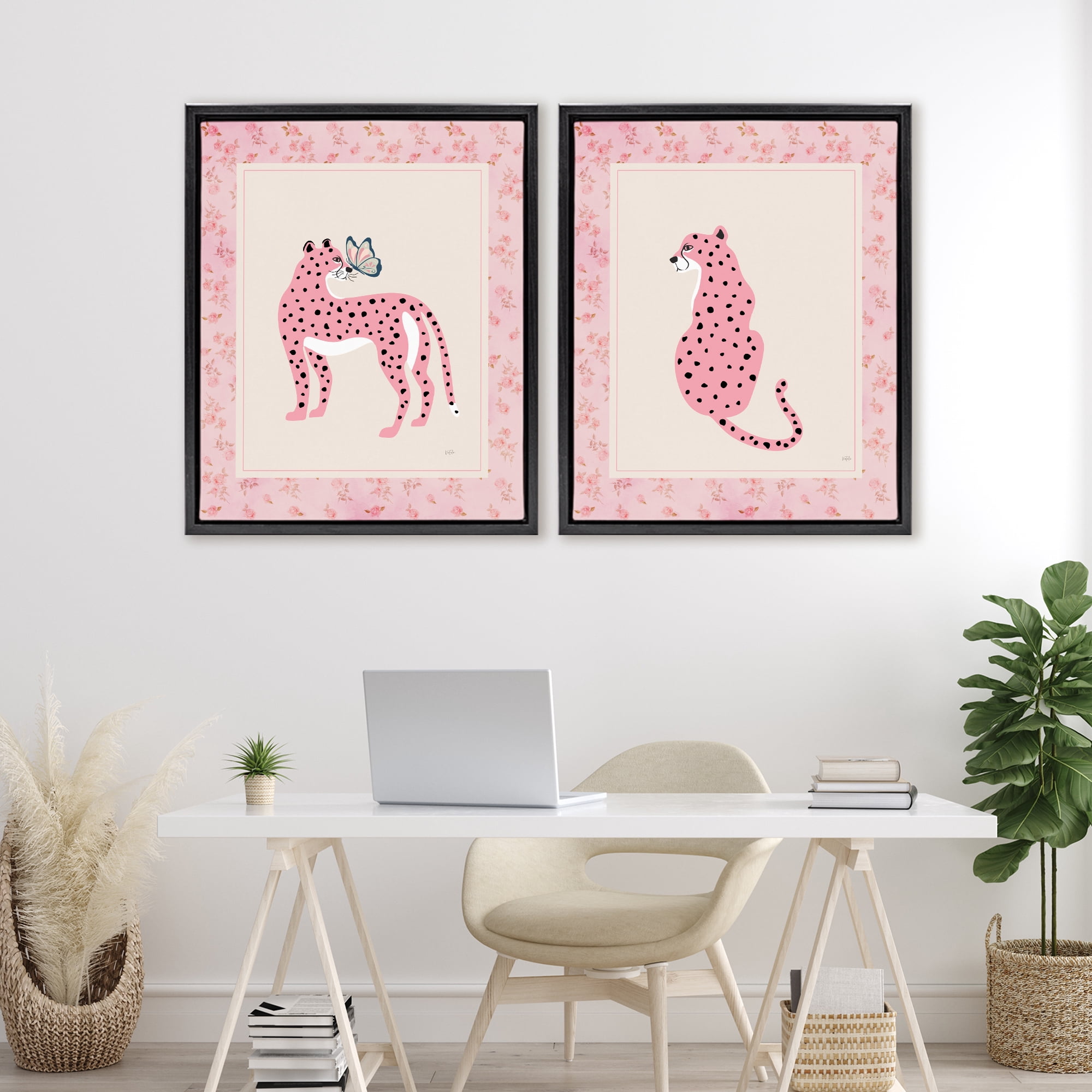 Stupell Industries Pink Leopard & Floral Border 2 Piece Black Framed Floater Canvas Set, design by Natalie Carpentieri