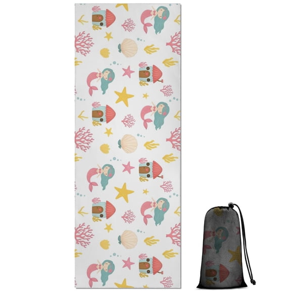 White Mermaid Pattern Hot Yoga Mat Towel Non Slip for Hot Yoga - Quick-Drying Yoga Mat Cover with 4 Corner Pockets with Travel Bag - Hot Yoga Towel Non Slip Grip Moisture Wicking Sweat 70"x26"