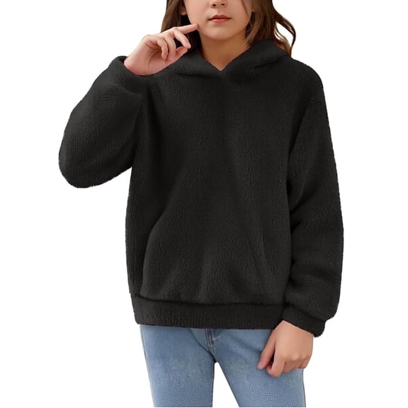 SGMVNU Girls Fluffy Soft Hooded Sweatshirt 8-9 Years Winter Warm Coat Outwear Zipper Pockets Fuzzy Pullover Fashion Hoodies Tops Black