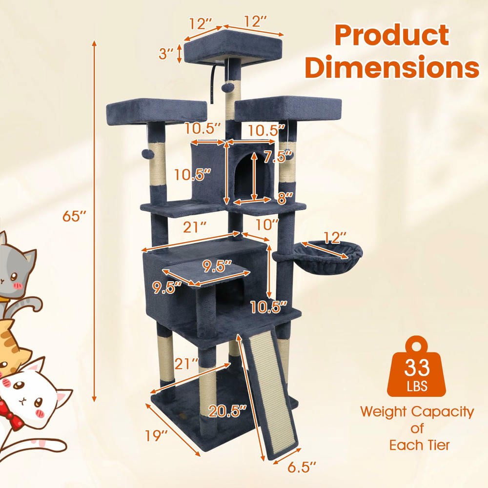 Resenkose 65-Inch Tall Multi-Level Cat Tree with 3 Upholstered Perches and 2 Spacious Cat Condos, Dark Gray
