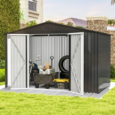 Dextrus 9'x6' Outdoor Storage Shed,Metal Tool Storage Sheds w/Windows,Locking System for Garden Patio,Dark Gray