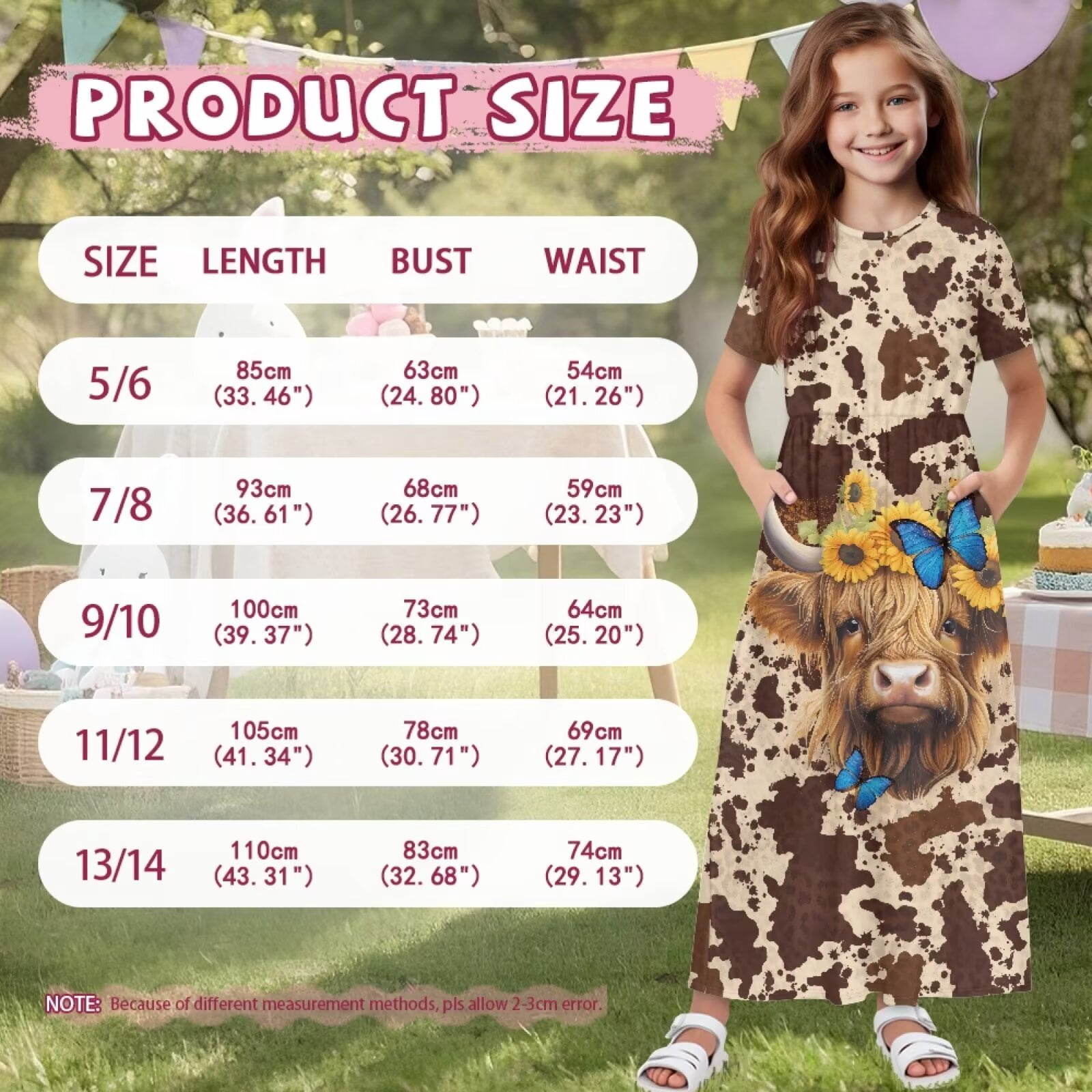 Uourmeti Brown Highland Cow Print Girls Summer Short Sleeve Dress Crew Neck Loose Casual Flowy Tiered Maxi Dress with Pockets Cute Clothes, Size 13-14 Years