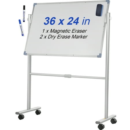 BENTISM Mobile Magnetic Whiteboard w/ Stand 36" x 24 Double Sided 360 Degree Reversible Rolling Dry Erase Board Height Adjustable with Aluminum Frame and Lockable Swivel Wheels for Office School Home