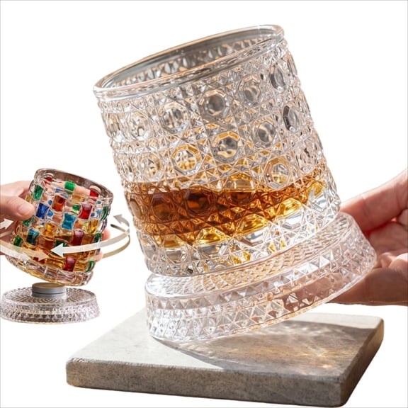 Spinning Whiskey Glass, 360° Rotating Old Fashioned Glass for Bourbon, Scotch, Rum and Cocktails, Unique Rocks Tumbler for Home Bar, Party, Gifts for Men, Dad, Husband and Whiskey Lovers