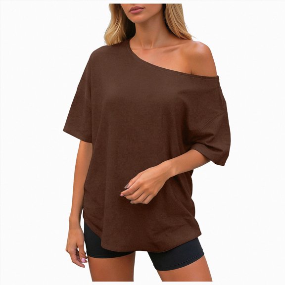 mgoYE Off the Shoulder Tops for Women Summer Short Sleeve Shirts Casual Cute Spring Clothes Y2k T Shirts T Shirts for Women(Coffee,M)