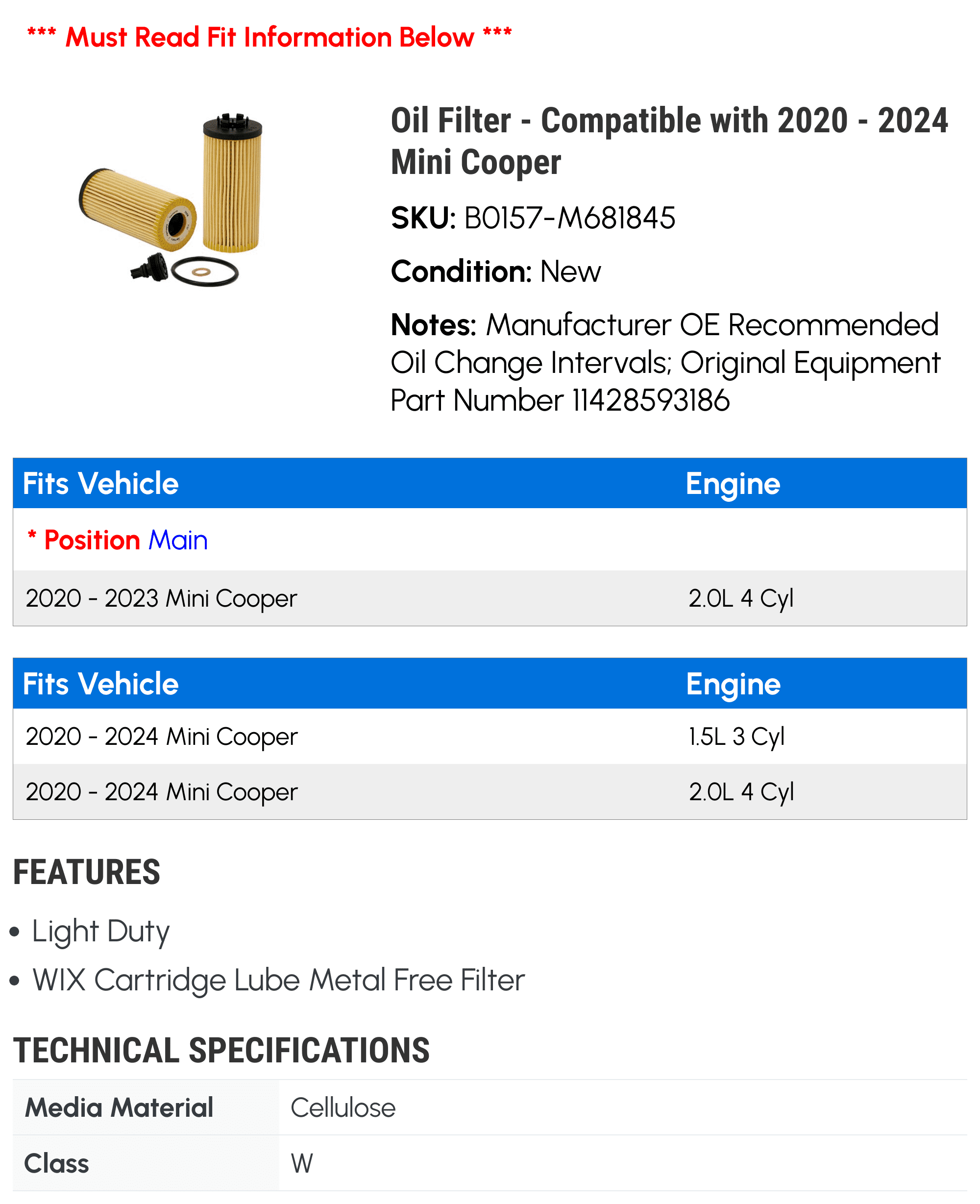 Oil Filter - Compatible with 2020 - 2024 Mini Cooper 2021 2022 2023