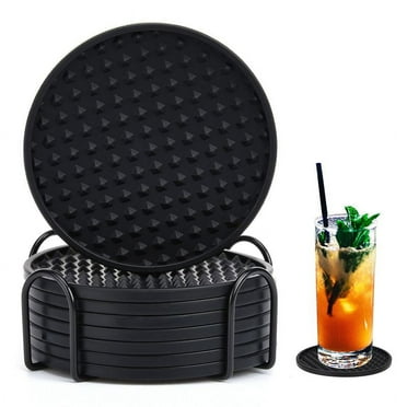 Hengguang 8 Pcs Coasters for Drinks with Holder, Silicone Coasters with Grooved Design Non-Slip Cup Mat for Coffee, Beer, Tabletop Protection Pad(Black)