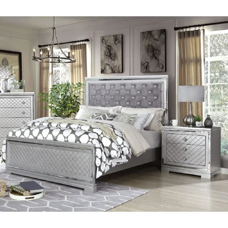 Glam Mirror Panels Queen Size Bed Silver 3pc Bedroom Set Gray Tufted Fabric Headboard 2x Nightstands