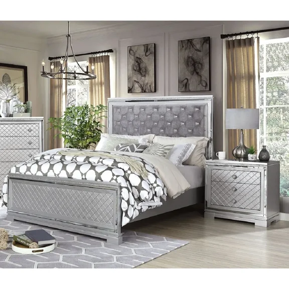 Glam Mirror Panels Eastern King Size Bed Silver 3pc Bedroom Set Gray Tufted Fabric Headboard 2x Nightstands