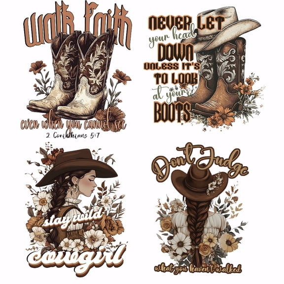 4PCS Cowgirl Hat Boots Iron on Transfer Paper Motivational Text DIY Heat Transfer Sticker Washable Iron-on Decals