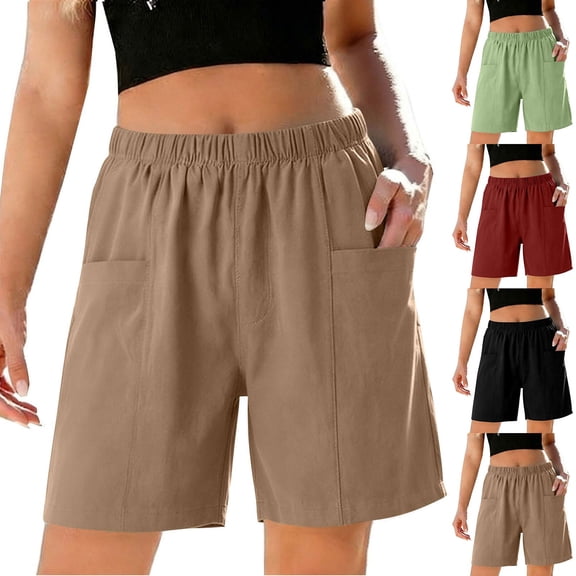 Women's Cotton Spandex Casual Straight Leg Shorts, Mid Elastic Waist Drawstring with Pockets, Lightweight Soft Summer Shorts for Women, Walking Outdoor Activewear | UKHCCC,Black L