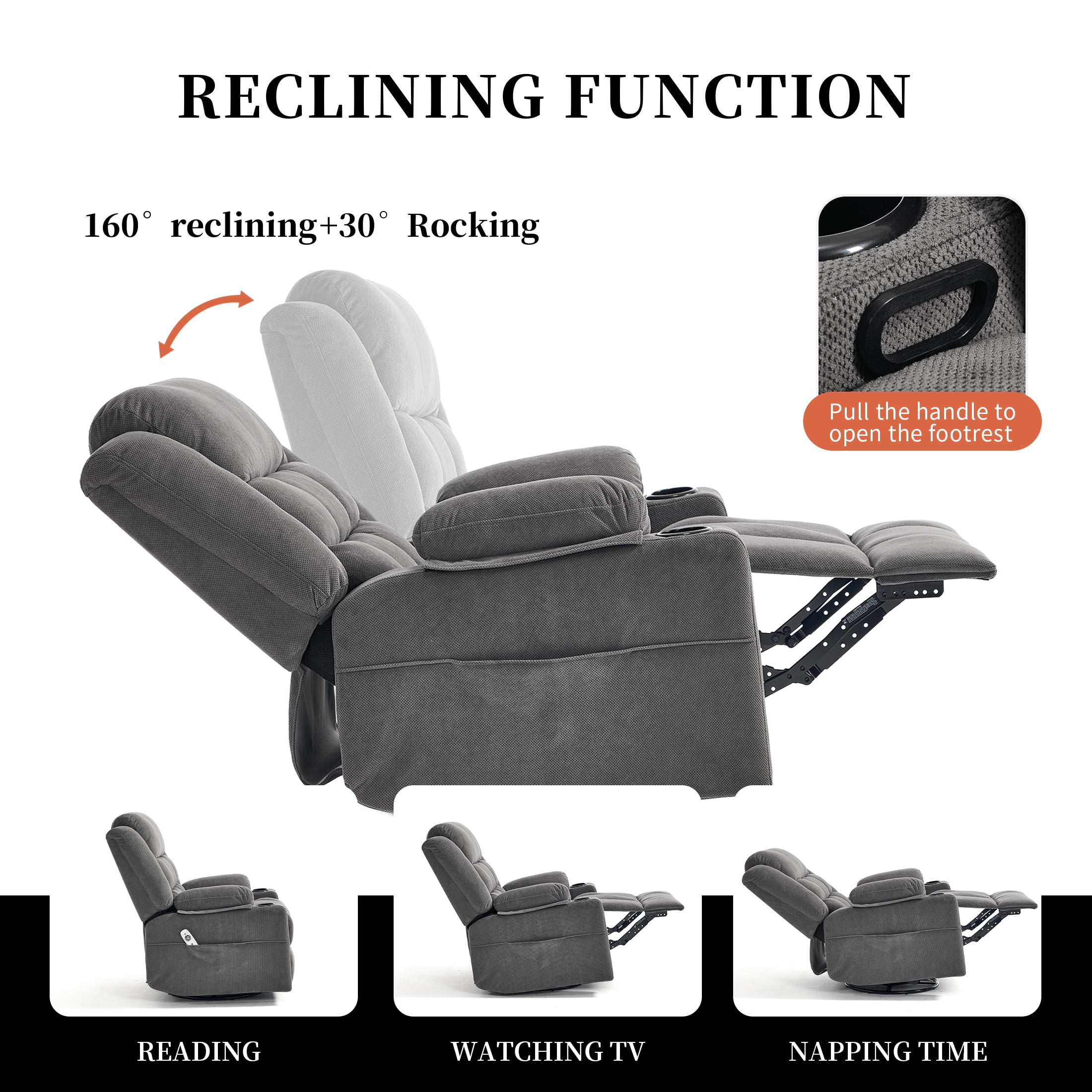 Swivel Rocker Recliner Chair for Adults with Massage and Heat, Cup Holders and Side Pockets, Glider Rocking Reclining Single Sofa Chair for Living Room (Dark Grey)