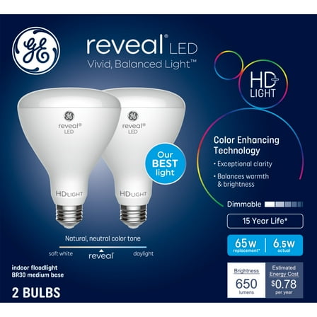 GE Reveal LED Frosted 65W BR30 2pk
