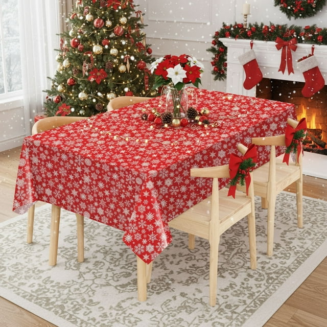 ddioayh Nappe de Noël avec Design Flocon de Neige, Imperméable et Anti-Huile Nappe Jetable Rouge pour Fêtes, 137x274cm