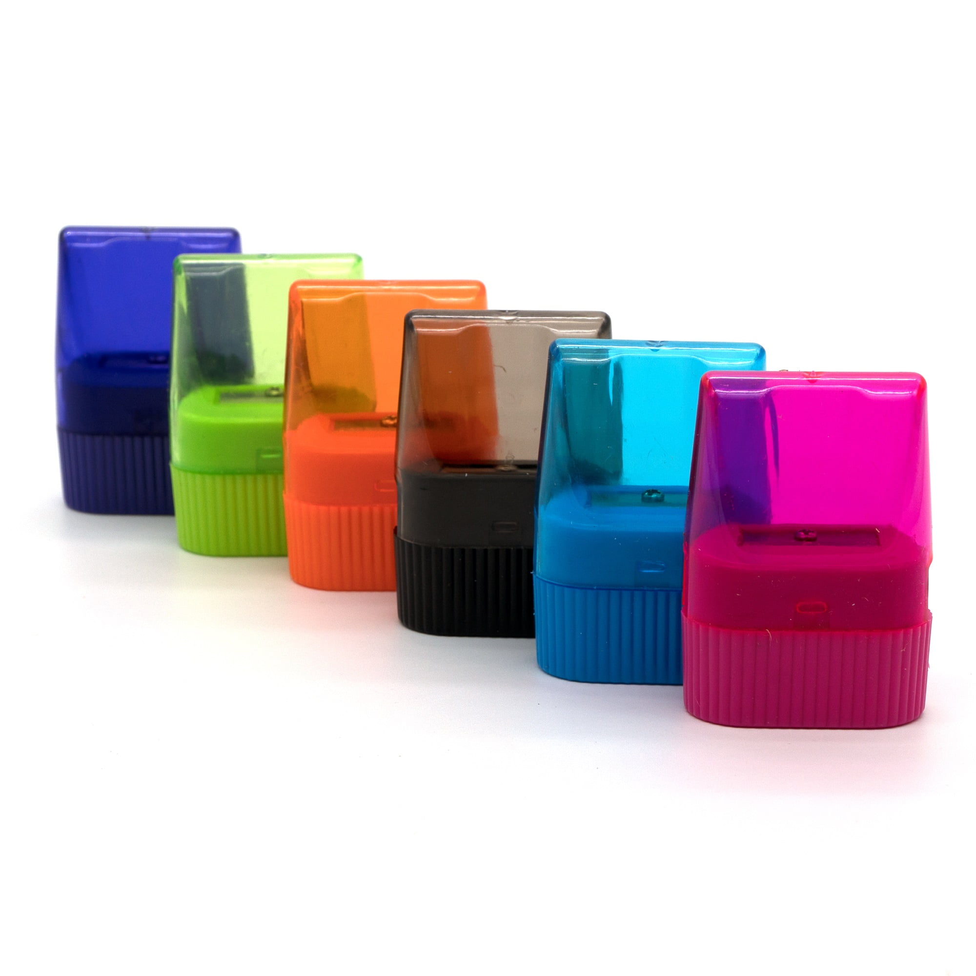 Emraw Single Hole Pencil Sharpener w/Rectangular Receptacle to Catch Shavings for Regular/Oversize Pencils/Crayons in Blue/Green/Pink/Orange/Purple & Black Great for School Home & Office 6-Pack