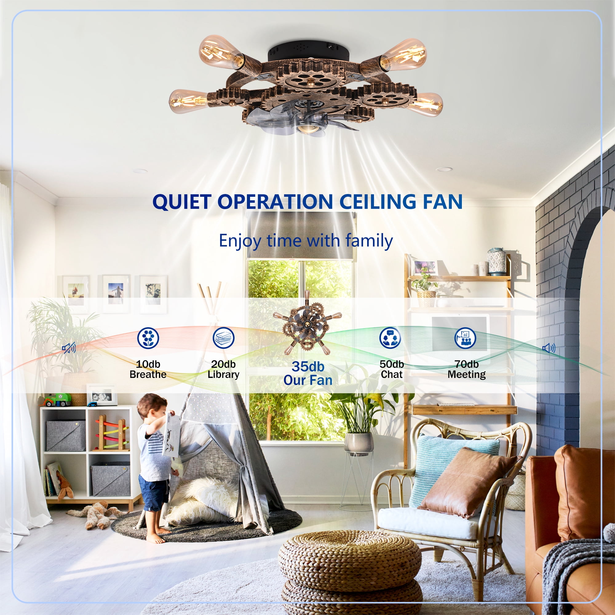 Leumius 19.6" Industrial Ceiling Fan with Light and Remote,Retro Ceiling Fan Lights with 7 Blades for Living Room Bedroom Dining Room (NOT Included Bulbs)
