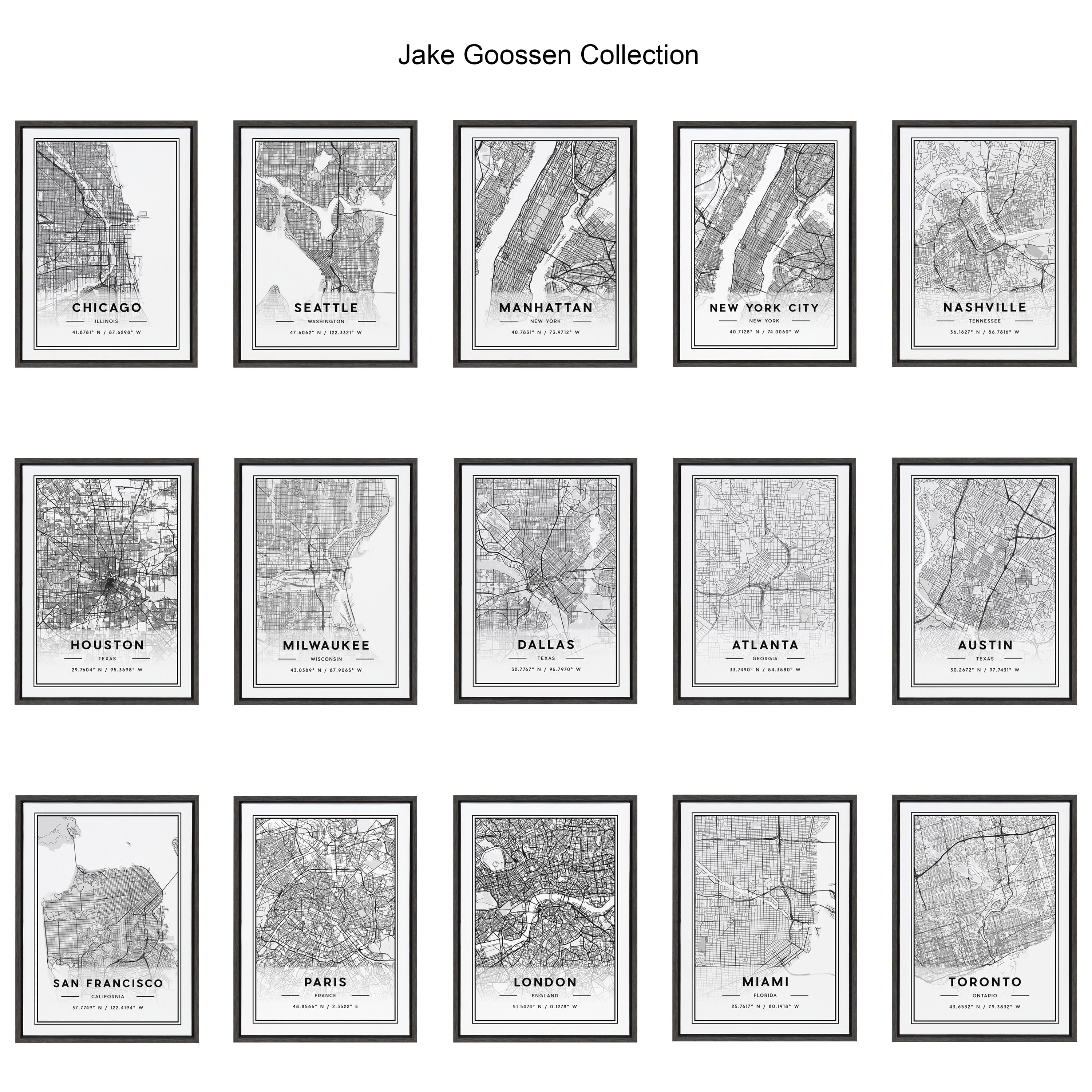 Kate and Laurel Sylvie New York City Modern Map Framed Canvas Wall Art by Jake Goossen, 18x24 Gray, Geographical Map for Wall