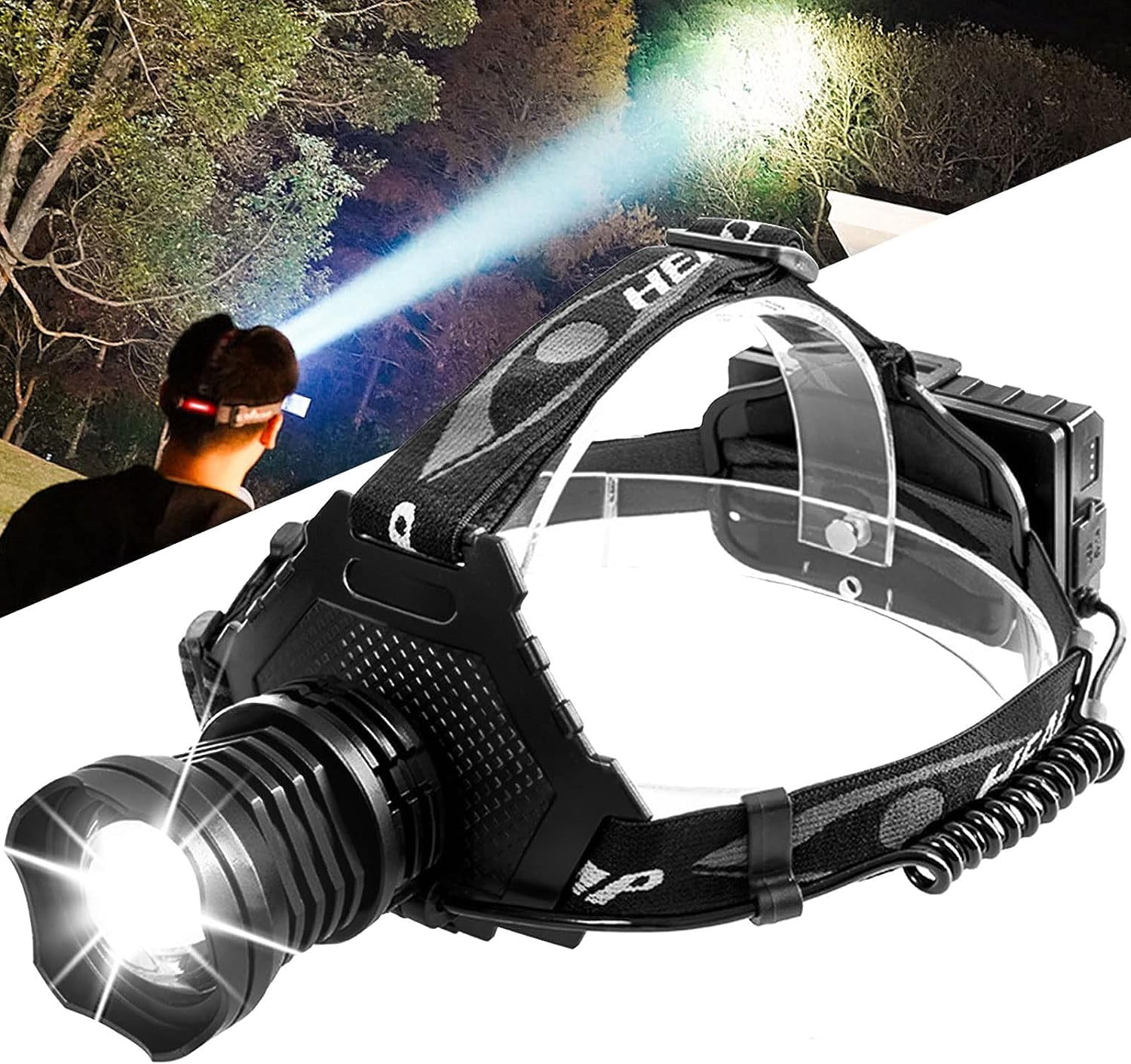 Led rechargeable headlight, P70 Led super bright headlight 90000 lumens, 6 modes, Zoomable, IPX6 waterproof, 90° adjustable headlight