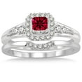 thumbnail image 2 of 2 Carat 6mm Princess Cut Ruby Diamond Moissanite Bridal Set Halo Engagement Ring Bridal Set on 10k White Gold, 2 of 2