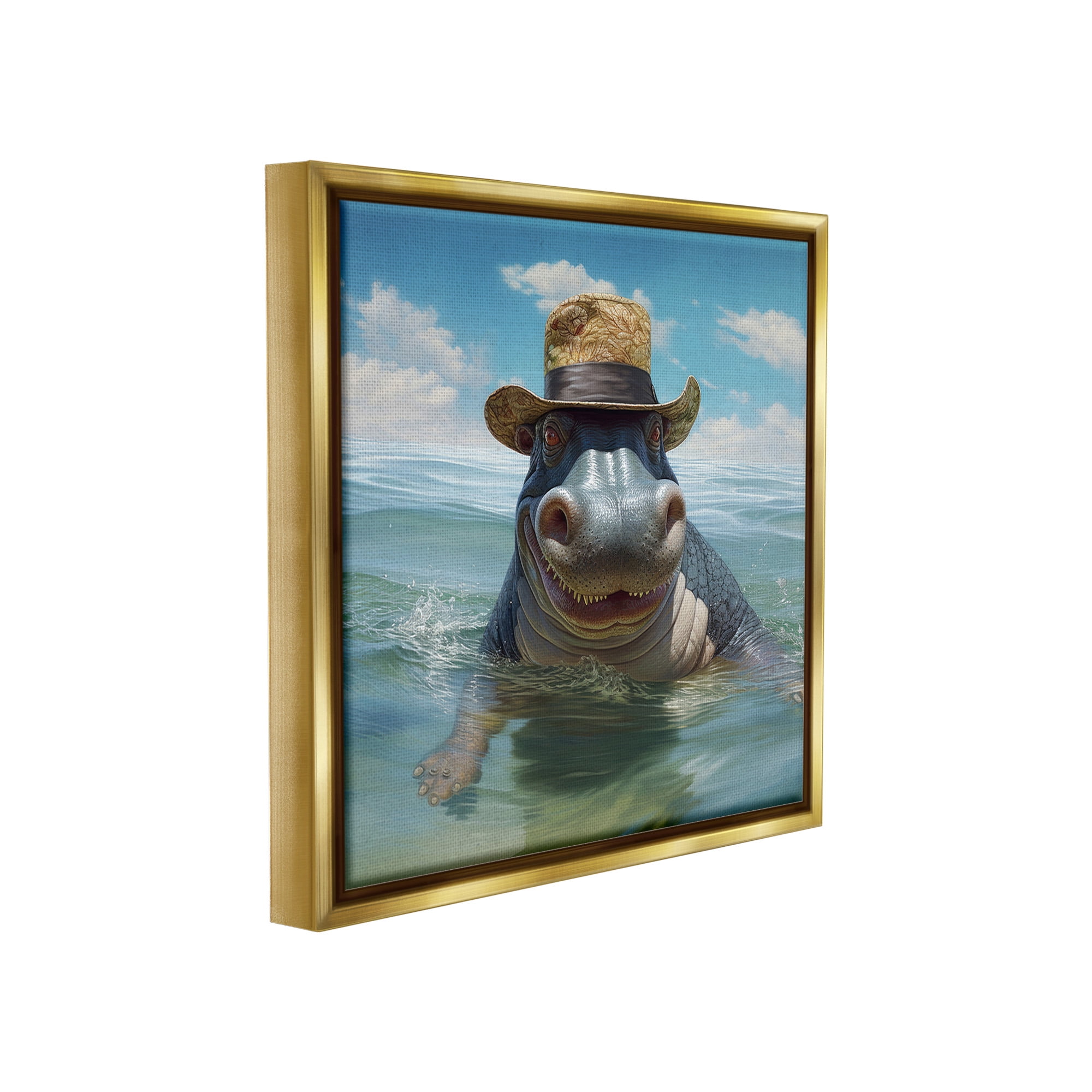 Stupell Industries Hippo with Trendy Hat Animals & Insects Painting Gold Floater Framed Canvas Art Print Wall Art, 18 x 18