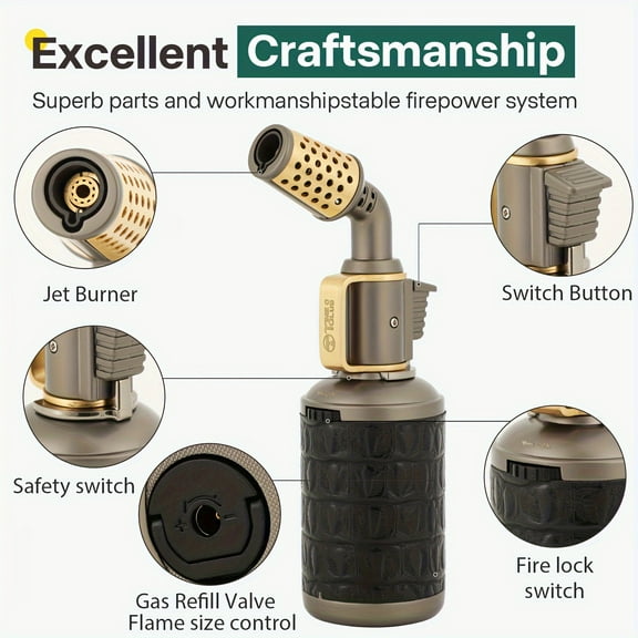 Professional Kitchen Butane Blow Torch - Adjustable Flame, Safety Lock, Refillable Multipurpose Torch for Creme Brulee, BBQ, Baking, Crafts, Copper Craft & Soldering (Butane Not Included)