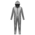 thumbnail image 5 of Zaldita Women Shiny Fishscale Print Long Sleeve Unitard with Hooded Front Zipper Full body Jumpsuit Silver S, 5 of 7