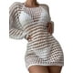 thumbnail image 3 of Las mujeres de punto Bikini Cover-Ups Color Sólido Recorte See-Through Mini Vestido de Playa Cuello Crew Tops de protección solar, 3 of 5