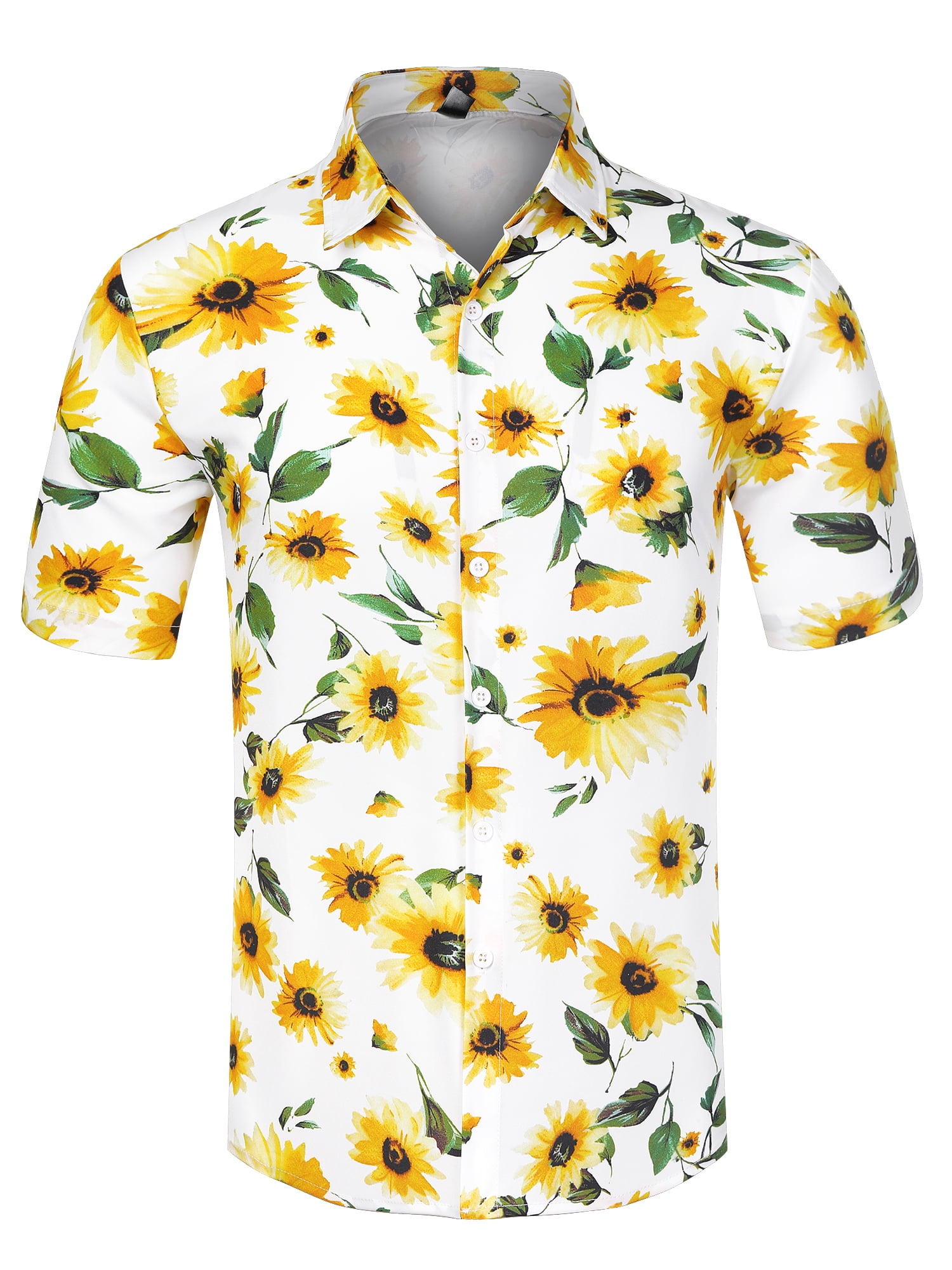 Unique Bargains Men's Summer Sunflower Printed Short Sleeve Button Down Shirt M White