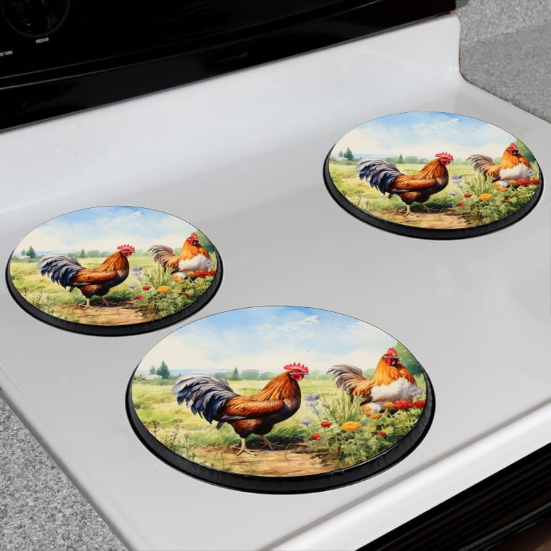 BaHomeck Electric Stove Burner Covers Set of 4,Round Metal Gas Stove Burner Covers 8 Inch and 10 Inch,Kitchen Decor,Roosters In Field With Flowers On Sunny Day