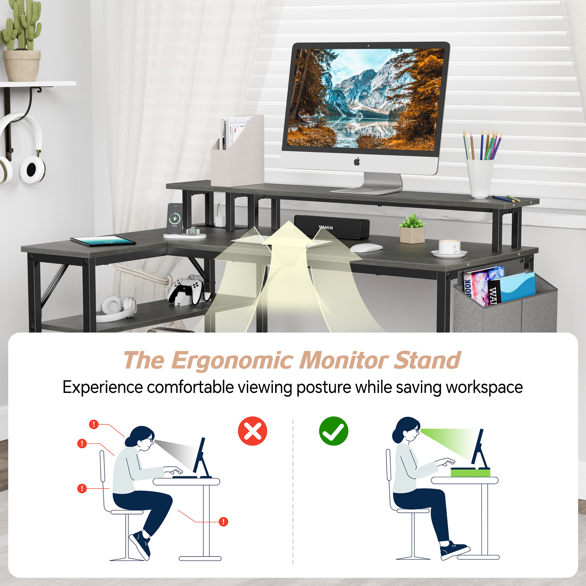 JOZ L-Shaped Desk with Power Outlets, LED Lights, and Monitor Stand, 47-inch Corner Desk for Home Office, Dark Gray