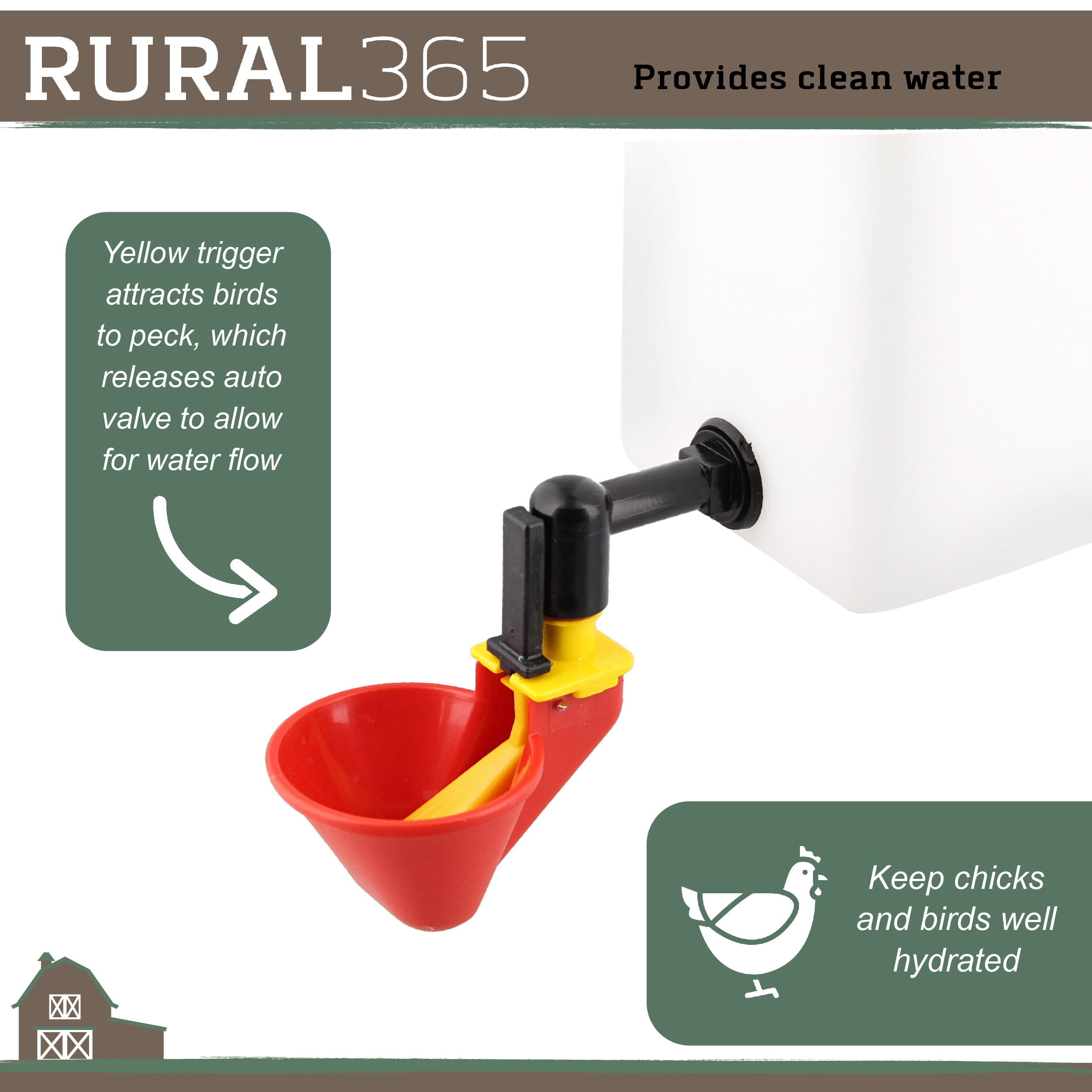 Rural365 Automatic Chicken Waterer System - 1L Red Poultry Watering Cup