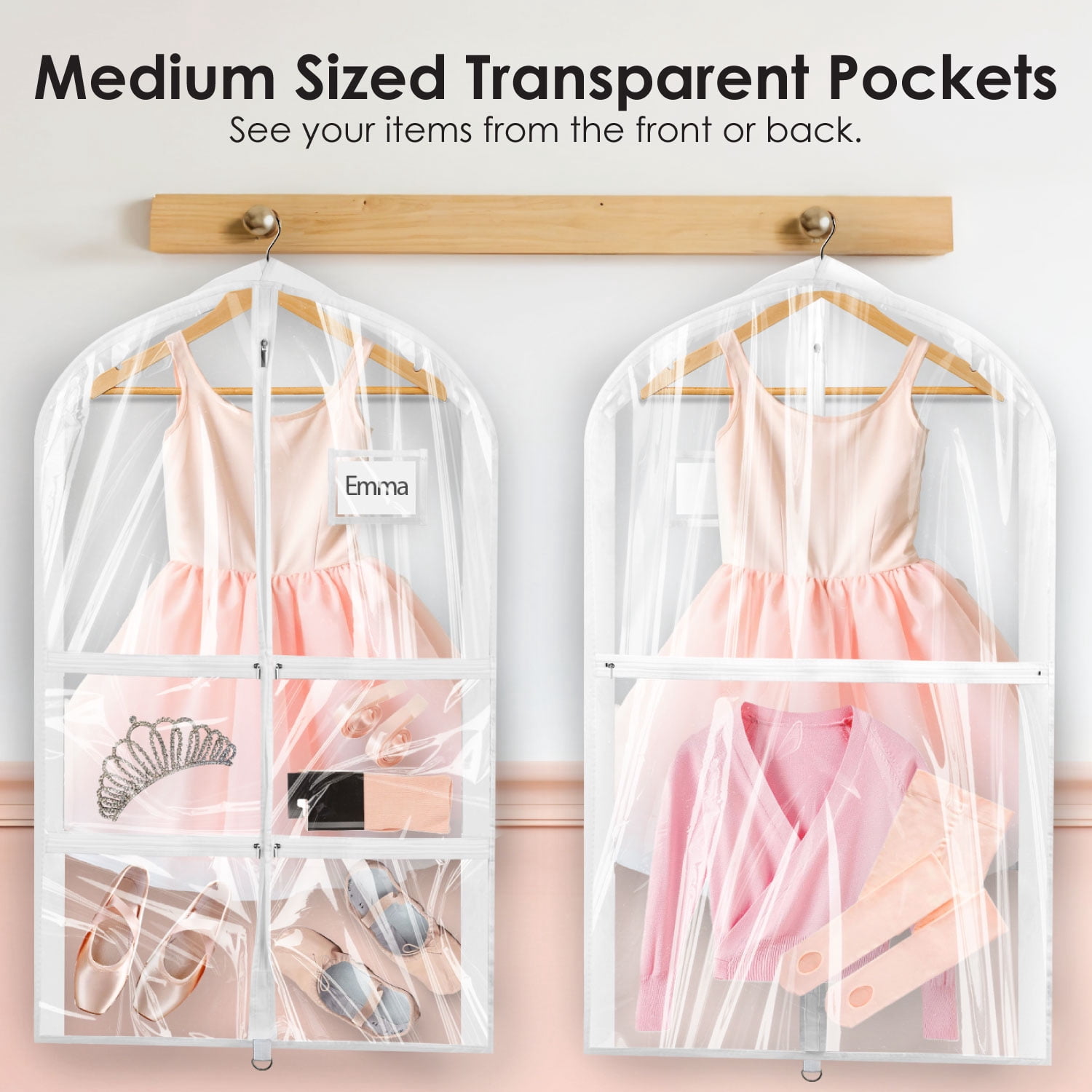 Mber 3-Pack 39" Dance Garment Bags For Dancers, Garment Bags For Dance Costumes, For Dance Competitions, with 4 Medium Clear Zipper Pockets, Clear