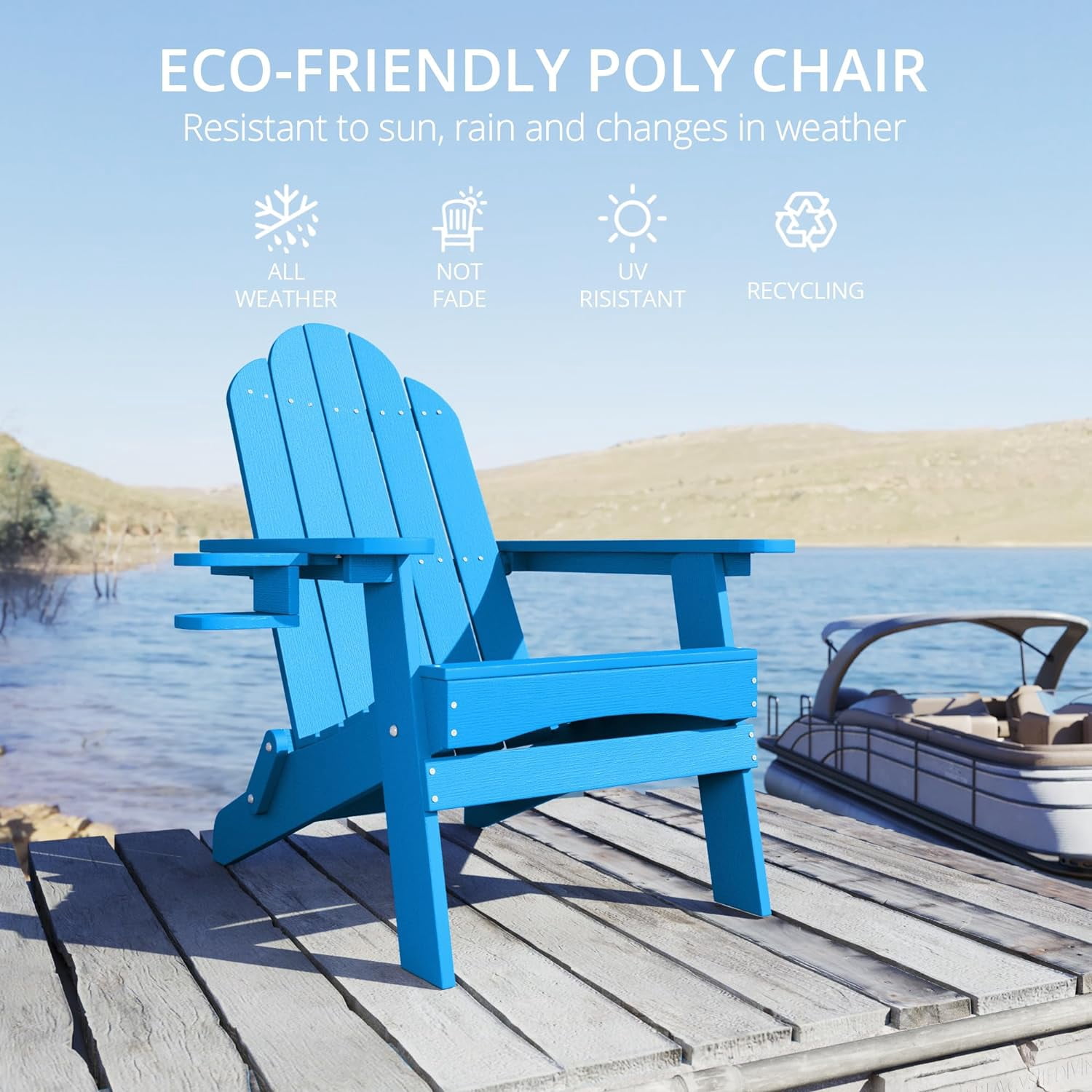 Dycanpo Folding Adirondack Chairs Set of 2,Fire Pit Patio Garden Chair with Cup Holder,Bright Blue