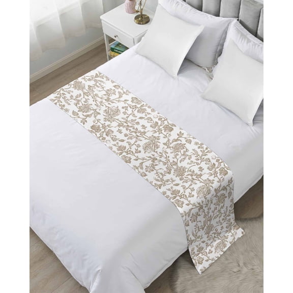 Bed Runner Scarf Queen Size, Khaki Flower Stain Bed Runners & Scarves for Foot of Beds, Vintage Farmhouse Boho Leaf Spring Plant Decorative Bedding Runner Scarf for Hotel Home Bedroom