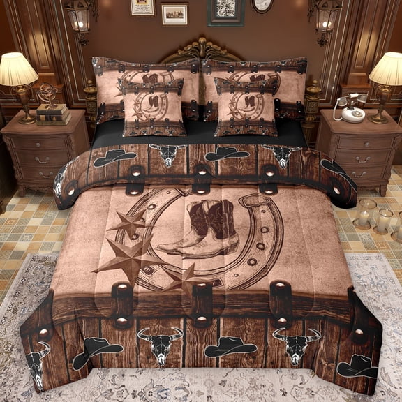 Manfei Texas Star Boots Twin Bedding Sets 7-Piece for Kids Children Teens,Western Cowboy Bedding Comforter Set Microfiber,Lodge Cabin Breathable Sheet Sets,Lightweight Room Decor,Reversible