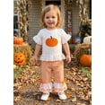 thumbnail image 6 of BemeyourBBs Toddler Baby Girls Halloween Thanksgiving Outfits Infant Baby Girl Summer Fall Clothes Cute Pumpkin Embroidery Bell Short Sleeve T Shirt Tops and Flared Pants Set, 6 of 9
