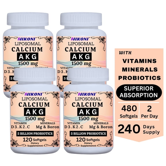 Nikoni Liposomal Calcium AKG Supplement 1500mg with Probiotics, Vitamins, Healthy Aging, Antioxidant Support, 480 Softgels