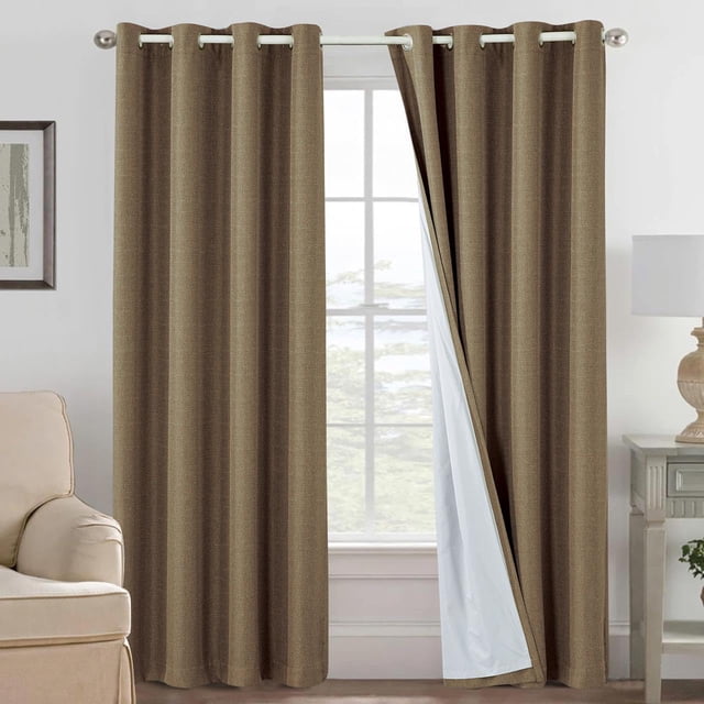 Cortinas Blackout Premium de Poliéster y Acabado Frontal Lino con Aislamiento Térmico y Acústico, 100% Blackout, Ojal Superior y Capa Trasera con Revestimiento, 2 Paneles 132x213cm c/u (8002)