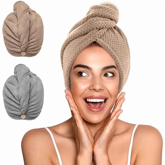 Fu997 2 Pack Microfiber Hair Towel Wrap for Women, Super Absorbent Quick Dry Hair Turban for All Hair Style Anti Frizz, Large Hair Drying Towel with Button