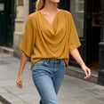 thumbnail image 2 of Plus Size Women's Loose Fit V Neck Pleated Collar Chiffon Casual Top Shirt Blouse Soft Lightweight Work Office Outfits | CSEONE,Yellow 2XL, 2 of 9