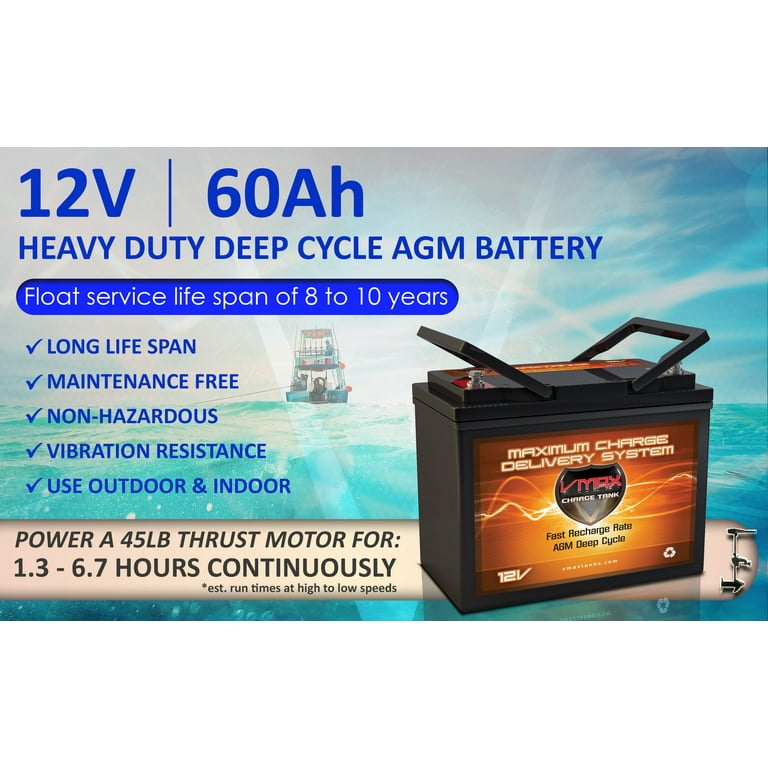VMAX MR96-60 12V 60Ah AGM Deep Cycle Marine Battery for Minn Kota Endura  Max 45 Hand Control - 12V-45lb Trolling Motor