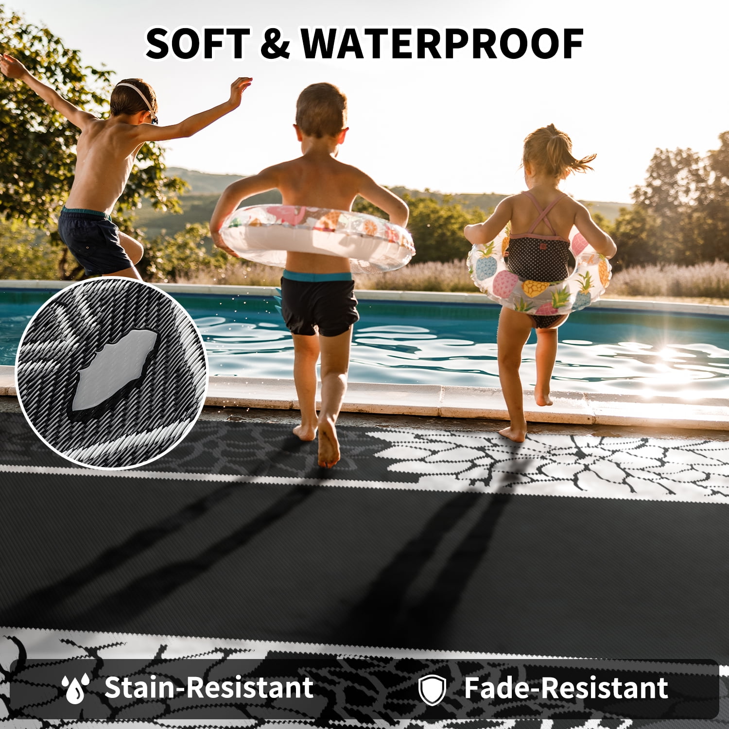 SIXHOME Outdoor Rug 6'x9' Waterproof Reversible Patio Rug Floral Border Plastic Straw Indoor Outdoor Rug for RV Camping Garden Picnic Beach Deck Backyard Porch Decor Dark Grey and White